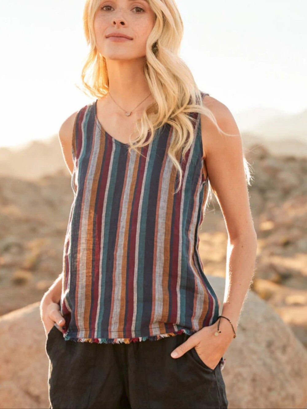 Garnet Hill Linen Fringe Striped Tank